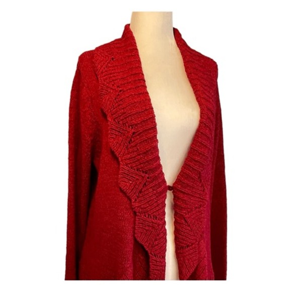 Tweeds Waterfall Cardigan Sweater Red Open Knit Long‎ Sleeve Yoke Collar XL - Picture 2 of 8